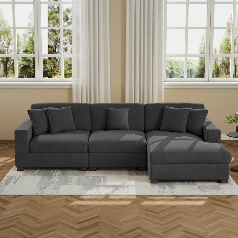Canapé modulaire d’angle moderne en velours côtelé avec coussins