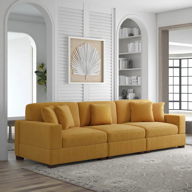 Canapé modulaire d’angle en velours côtelé avec coussins