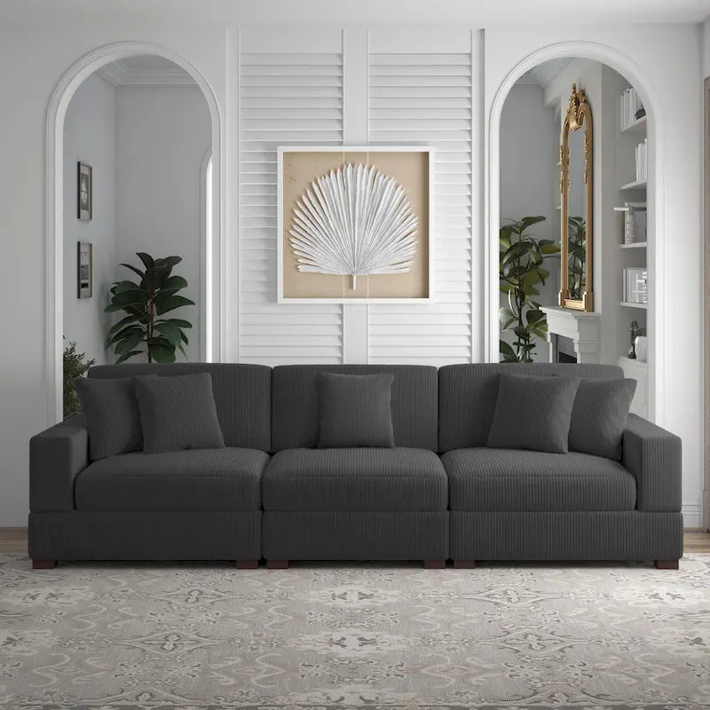 Canapé modulaire d’angle en velours côtelé avec coussins