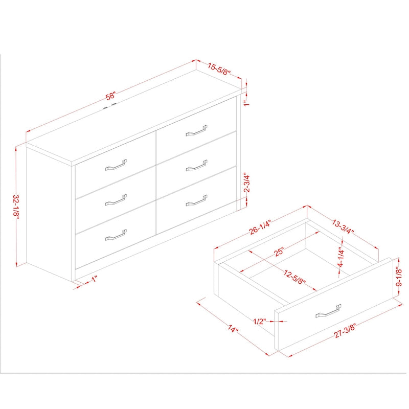 56 Zoll breite Walnusskommode mit 6 Schubladen (mit USB-Anschlüssen, rustikaler Stil)