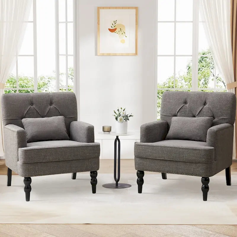 Juego de 2 sillas con brazos tapizadas y botones capitoné, silla decorativa con cojín lumbar, beige/gris/azul claro