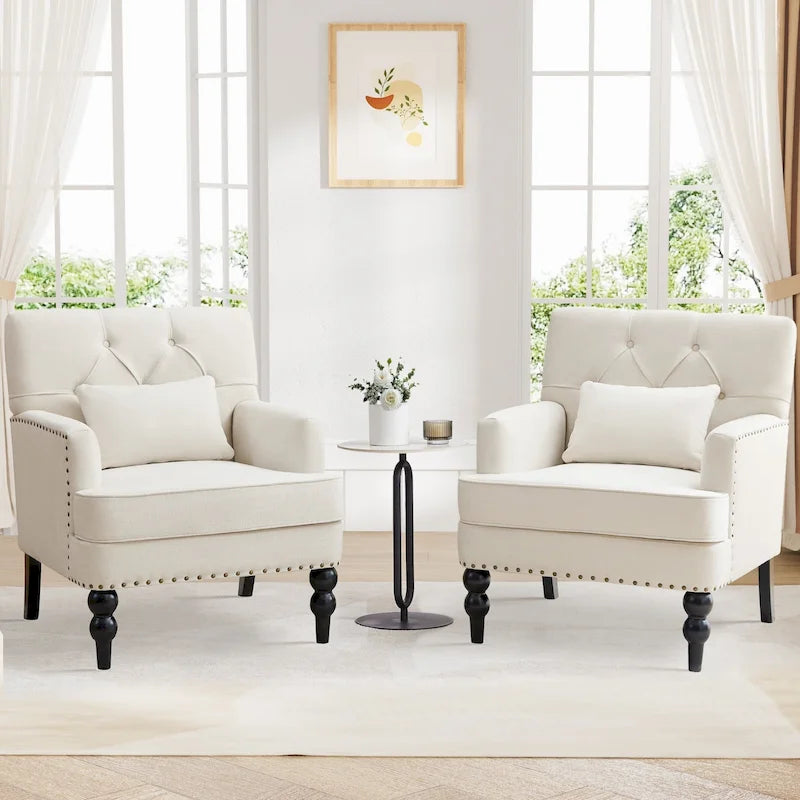 Juego de 2 sillas con brazos tapizadas y botones capitoné, silla decorativa con cojín lumbar, beige/gris/azul claro