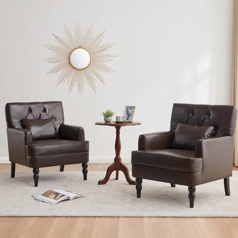 Juego de 2 sillas con brazos tapizadas y botones capitoné, silla decorativa con cojín lumbar, beige/gris/azul claro
