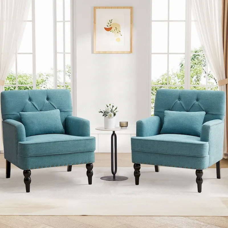Juego de 2 sillas con brazos tapizadas y botones capitoné, silla decorativa con cojín lumbar, beige/gris/azul claro
