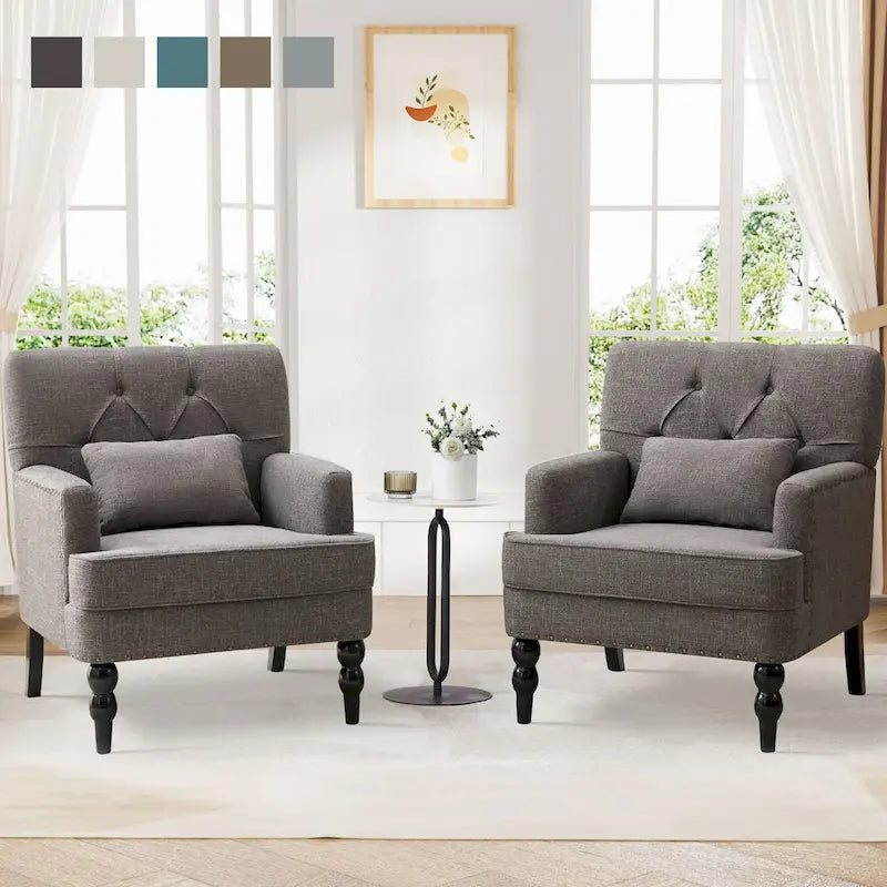 Juego de 2 sillas con brazos tapizadas y botones capitoné, silla decorativa con cojín lumbar, beige/gris/azul claro
