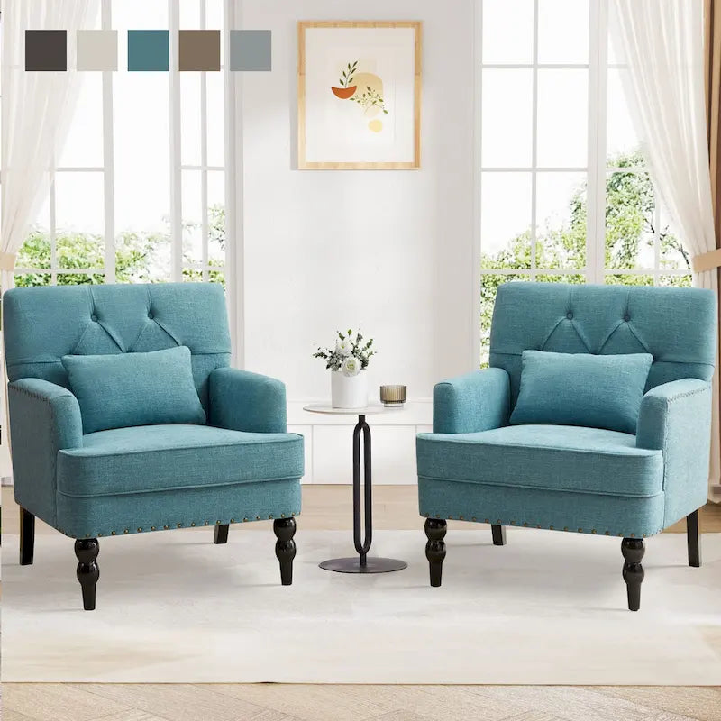 Juego de 2 sillas con brazos tapizadas y botones capitoné, silla decorativa con cojín lumbar, beige/gris/azul claro