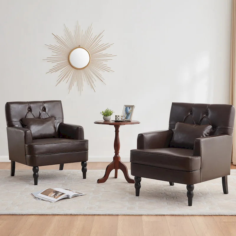 Juego de 2 sillas con brazos tapizadas y botones capitoné, silla decorativa con cojín lumbar, beige/gris/azul claro