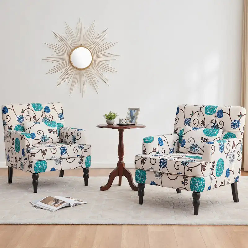 Juego de 2 sillas con brazos tapizadas y botones capitoné, silla decorativa con cojín lumbar, beige/gris/azul claro