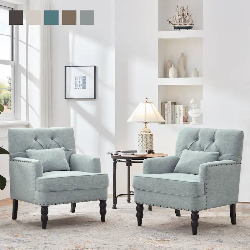 Juego de 2 sillas con brazos tapizadas y botones capitoné, silla decorativa con cojín lumbar, beige/gris/azul claro