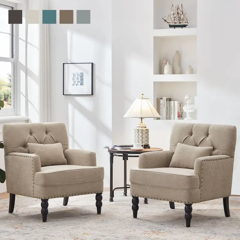 Juego de 2 sillas con brazos tapizadas y botones capitoné, silla decorativa con cojín lumbar, beige/gris/azul claro