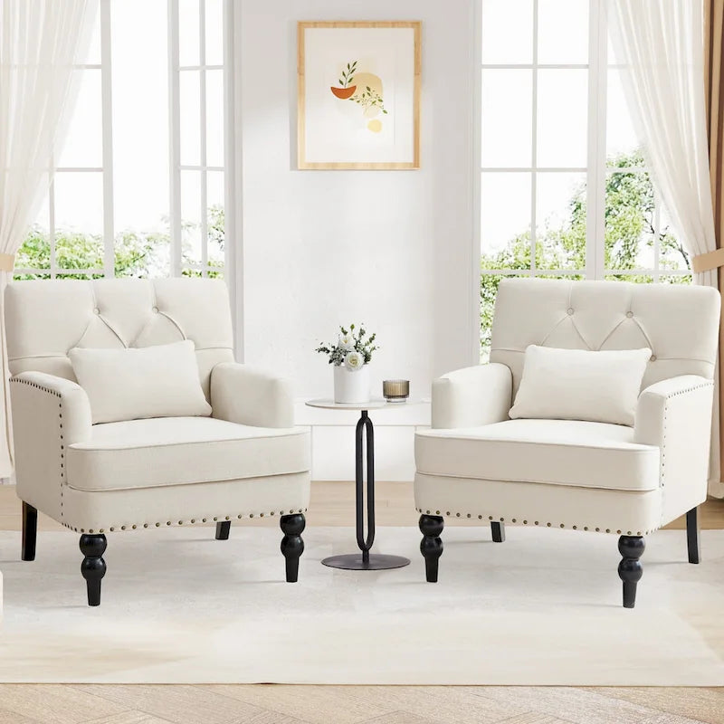 Juego de 2 sillas con brazos tapizadas y botones capitoné, silla decorativa con cojín lumbar, beige/gris/azul claro