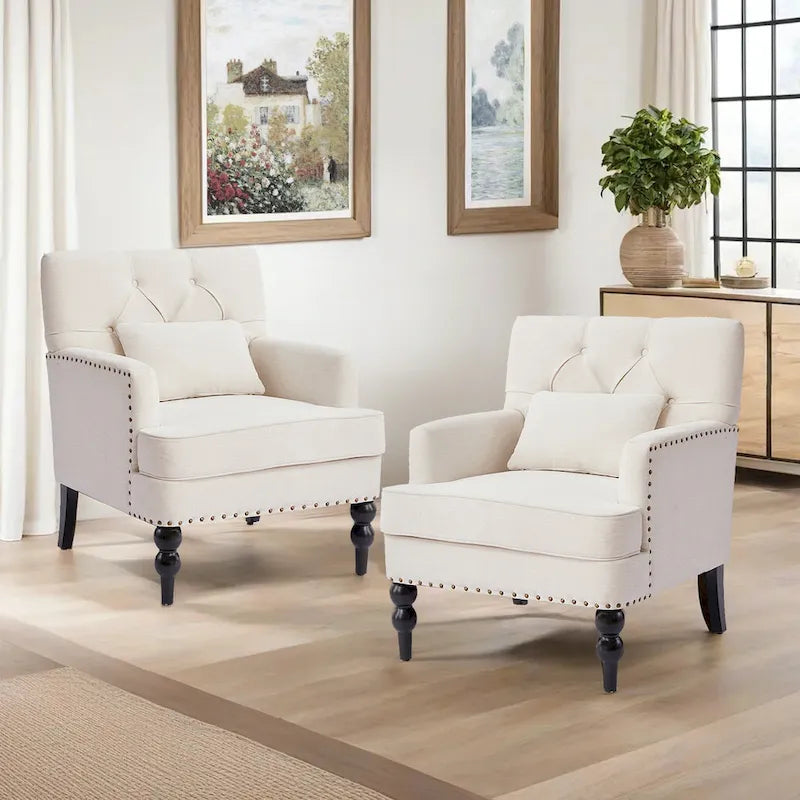 Juego de 2 sillas con brazos tapizadas y botones capitoné, silla decorativa con cojín lumbar, beige/gris/azul claro