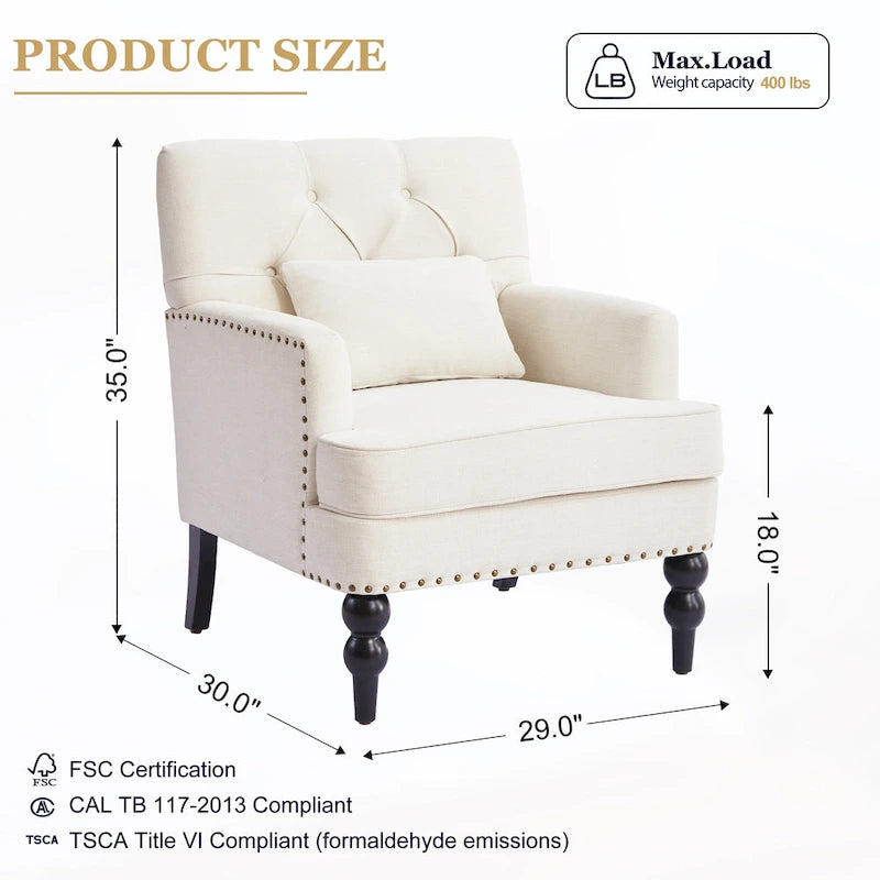 Juego de 2 sillas con brazos tapizadas y botones capitoné, silla decorativa con cojín lumbar, beige/gris/azul claro