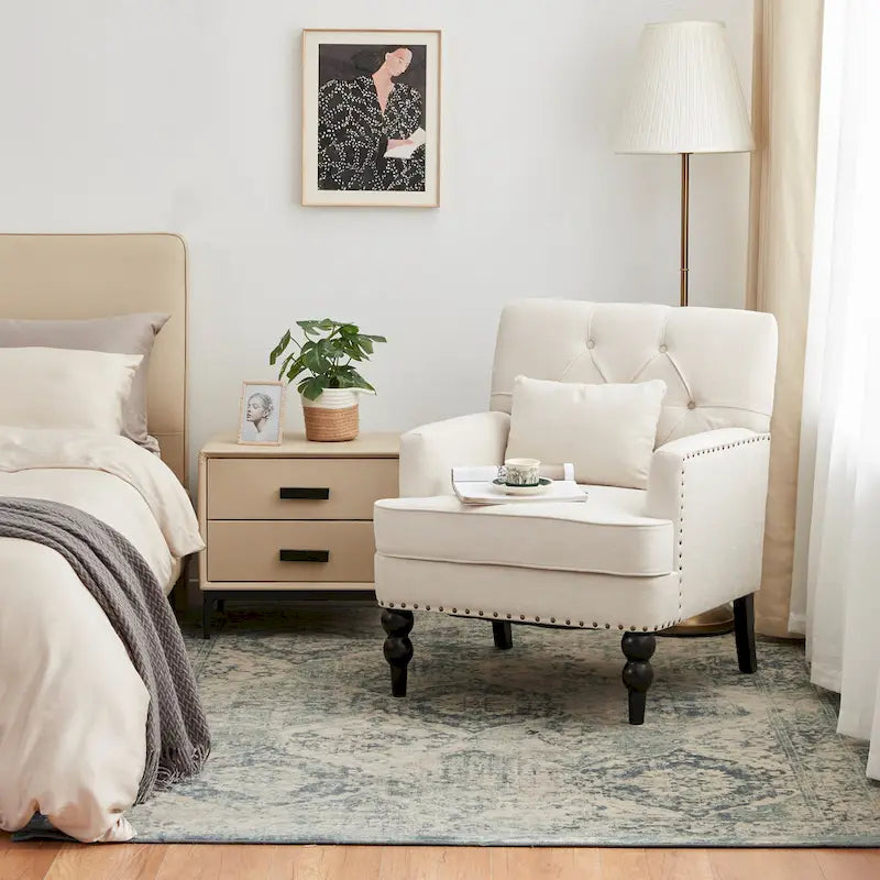 Juego de 2 sillas con brazos tapizadas y botones capitoné, silla decorativa con cojín lumbar, beige/gris/azul claro