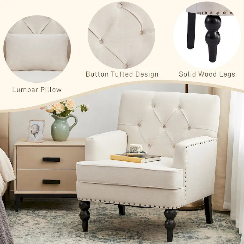 Juego de 2 sillas con brazos tapizadas y botones capitoné, silla decorativa con cojín lumbar, beige/gris/azul claro