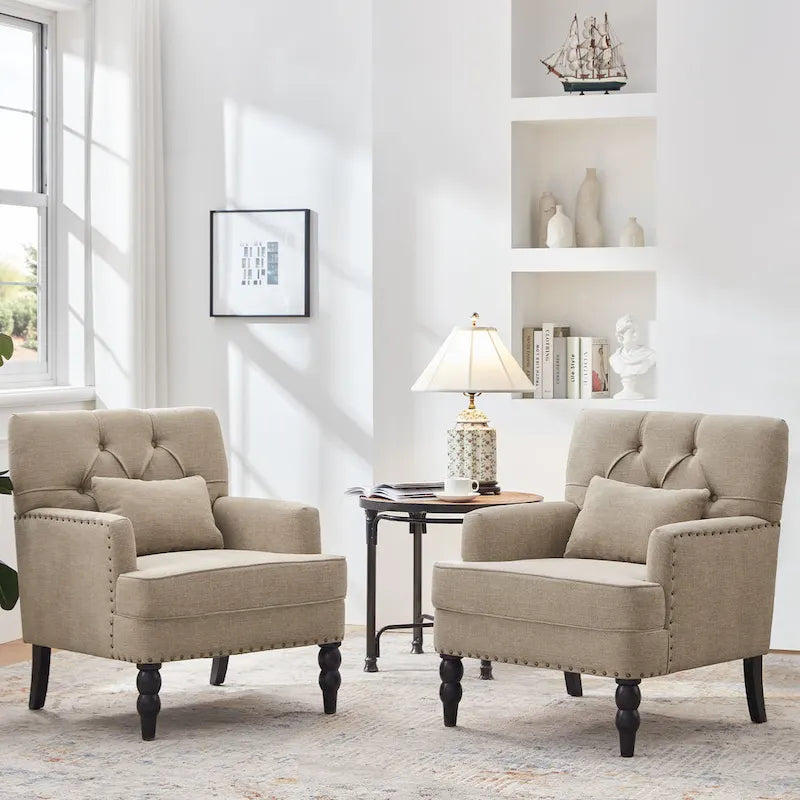 Juego de 2 sillas con brazos tapizadas y botones capitoné, silla decorativa con cojín lumbar, beige/gris/azul claro
