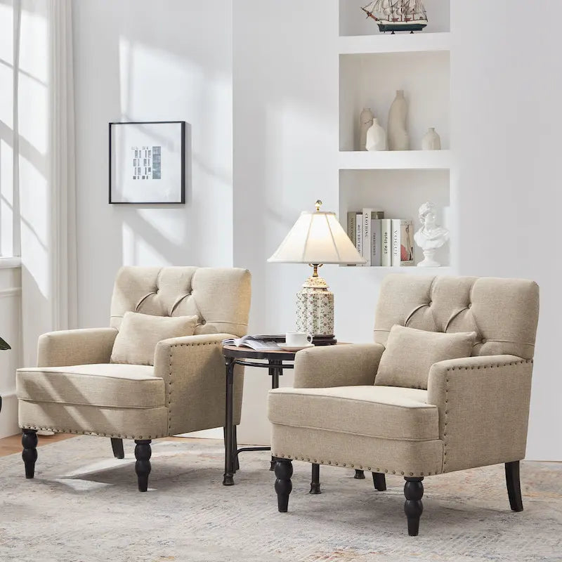 Juego de 2 sillas con brazos tapizadas y botones capitoné, silla decorativa con cojín lumbar, beige/gris/azul claro