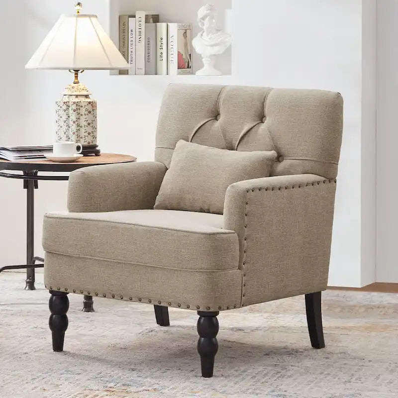 Juego de 2 sillas con brazos tapizadas y botones capitoné, silla decorativa con cojín lumbar, beige/gris/azul claro