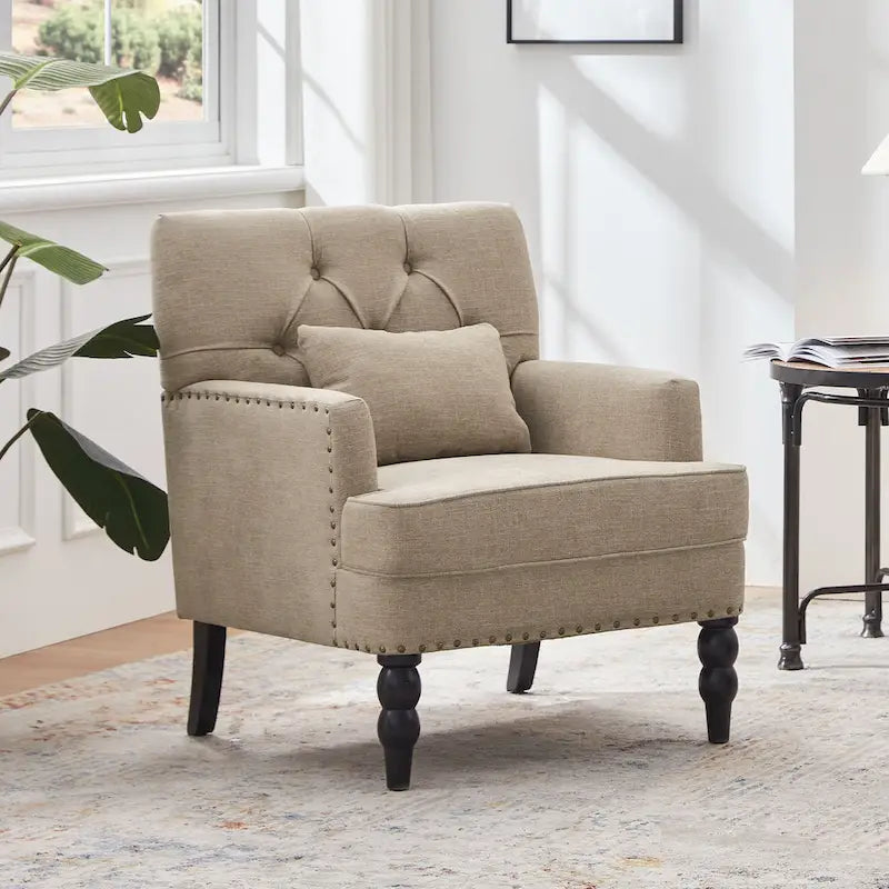 Juego de 2 sillas con brazos tapizadas y botones capitoné, silla decorativa con cojín lumbar, beige/gris/azul claro