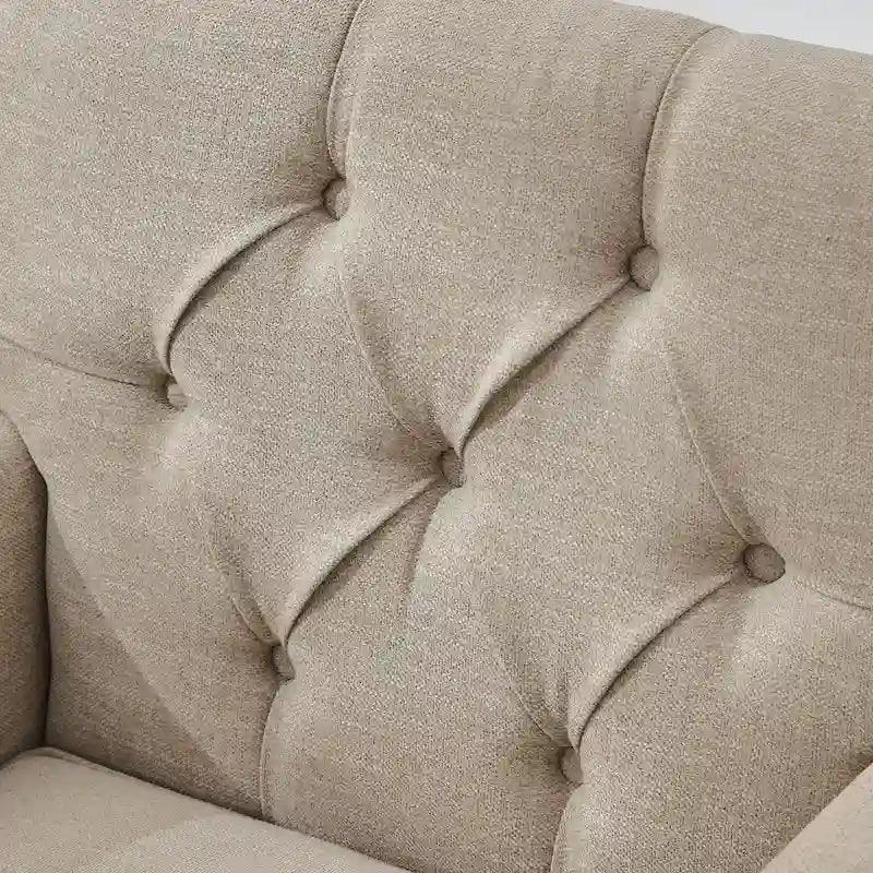 Juego de 2 sillas con brazos tapizadas y botones capitoné, silla decorativa con cojín lumbar, beige/gris/azul claro