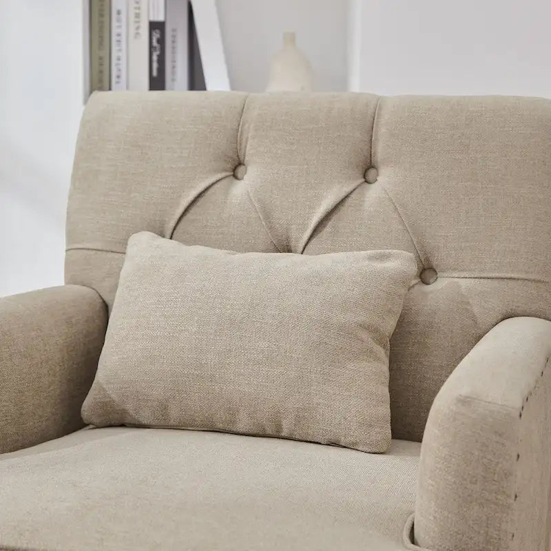 Juego de 2 sillas con brazos tapizadas y botones capitoné, silla decorativa con cojín lumbar, beige/gris/azul claro