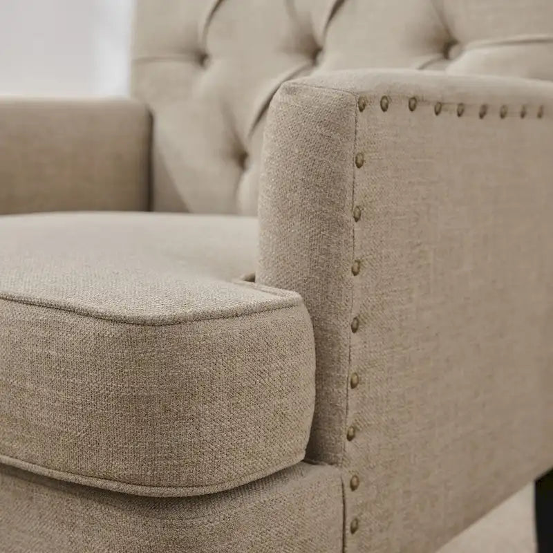 Juego de 2 sillas con brazos tapizadas y botones capitoné, silla decorativa con cojín lumbar, beige/gris/azul claro