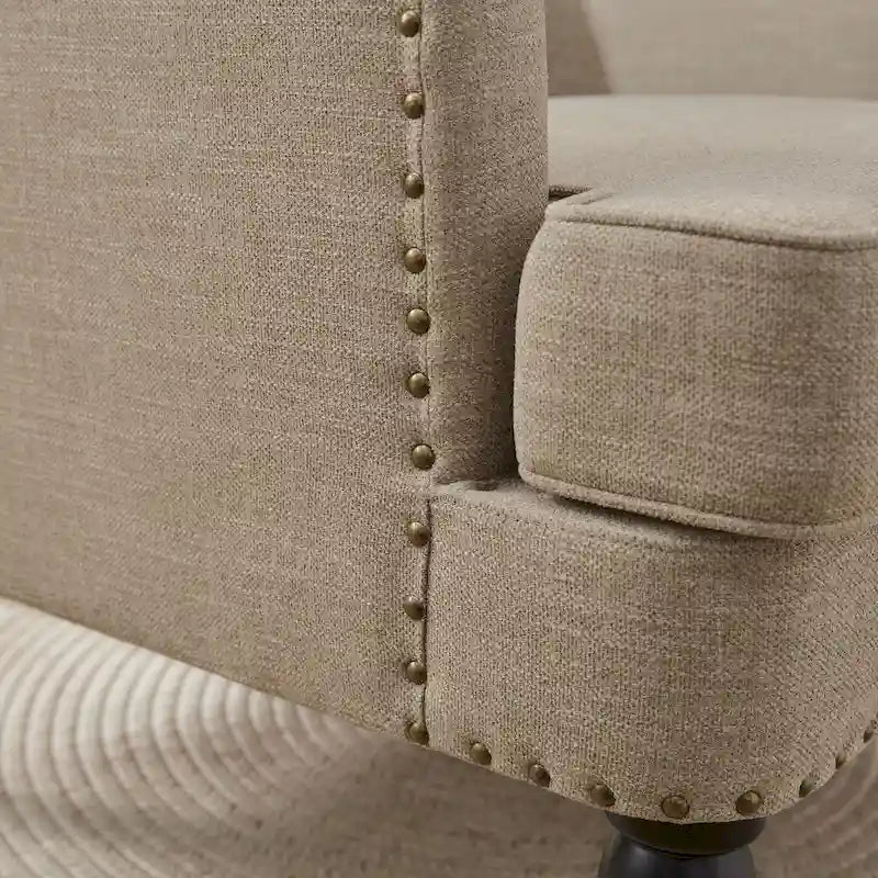 Juego de 2 sillas con brazos tapizadas y botones capitoné, silla decorativa con cojín lumbar, beige/gris/azul claro