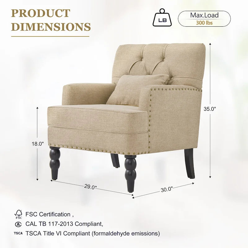 Juego de 2 sillas con brazos tapizadas y botones capitoné, silla decorativa con cojín lumbar, beige/gris/azul claro