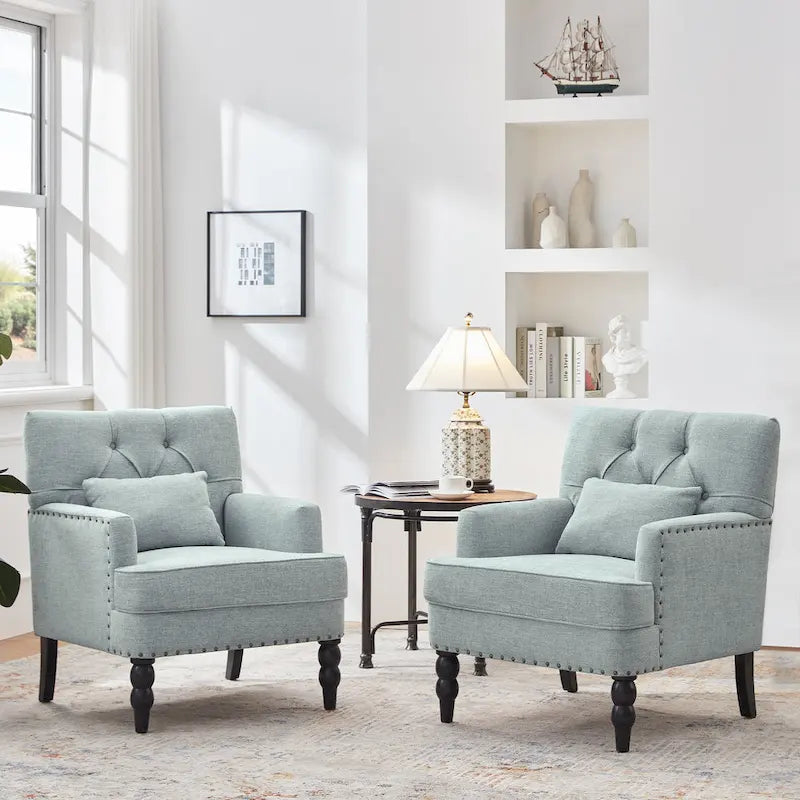 Juego de 2 sillas con brazos tapizadas y botones capitoné, silla decorativa con cojín lumbar, beige/gris/azul claro
