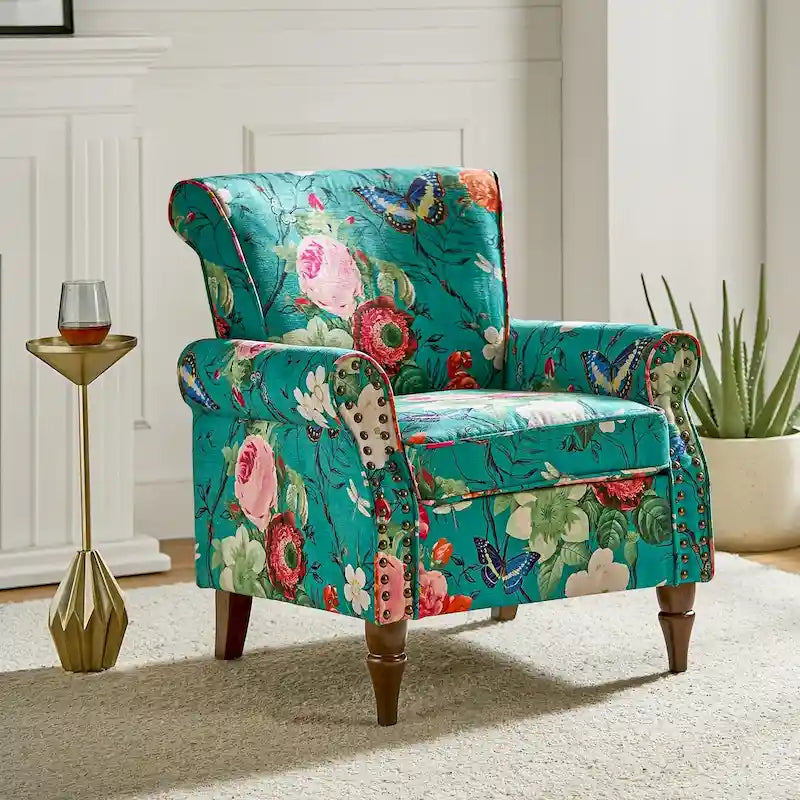 Silla decorativa de poliéster de estilo tradicional, con brazos curvos y ribete de tachuelas
