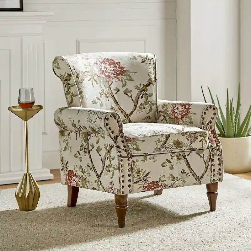 Silla decorativa de poliéster de estilo tradicional, con brazos curvos y ribete de tachuelas