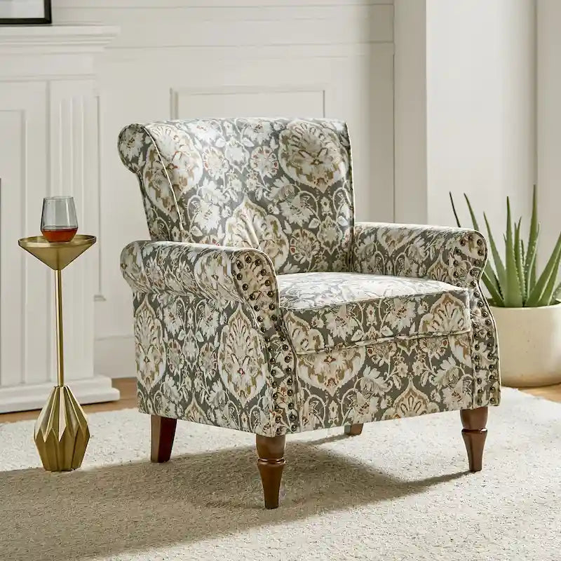 Silla decorativa de poliéster de estilo tradicional, con brazos curvos y ribete de tachuelas