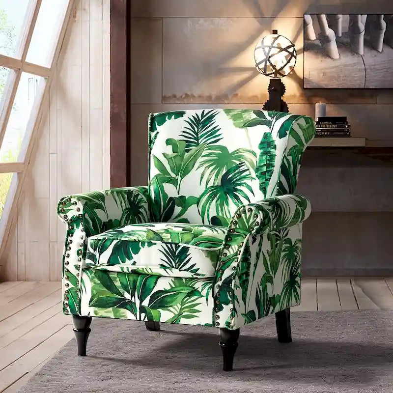 Silla decorativa de poliéster de estilo tradicional, con brazos curvos y ribete de tachuelas
