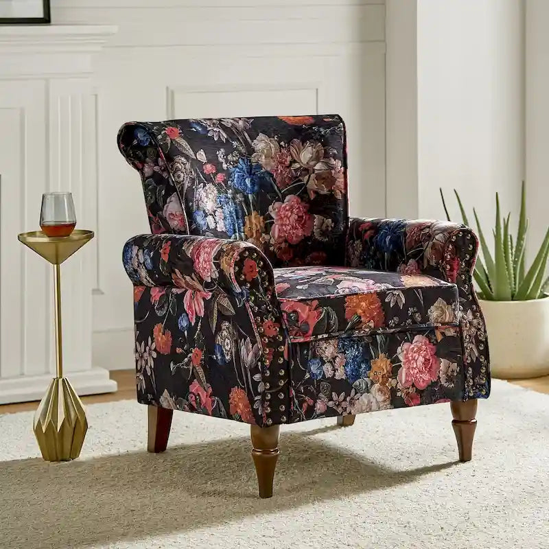 Silla decorativa de poliéster de estilo tradicional, con brazos curvos y ribete de tachuelas