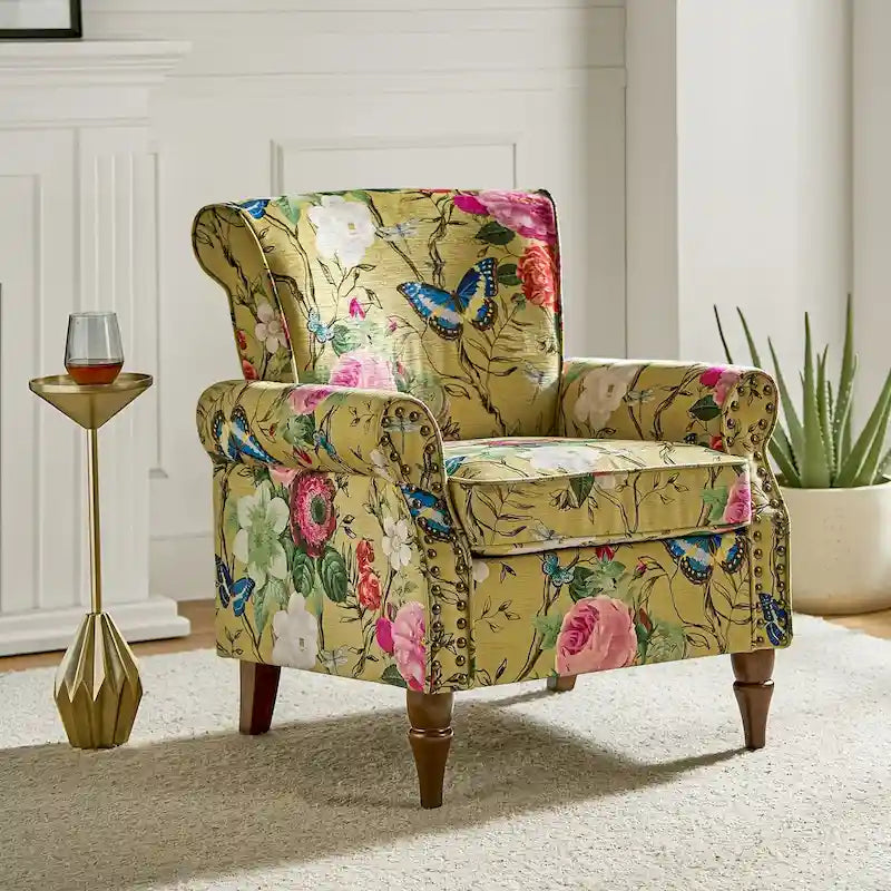 Silla decorativa de poliéster de estilo tradicional, con brazos curvos y ribete de tachuelas