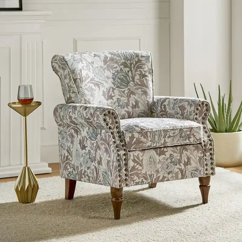 Silla decorativa de poliéster de estilo tradicional, con brazos curvos y ribete de tachuelas