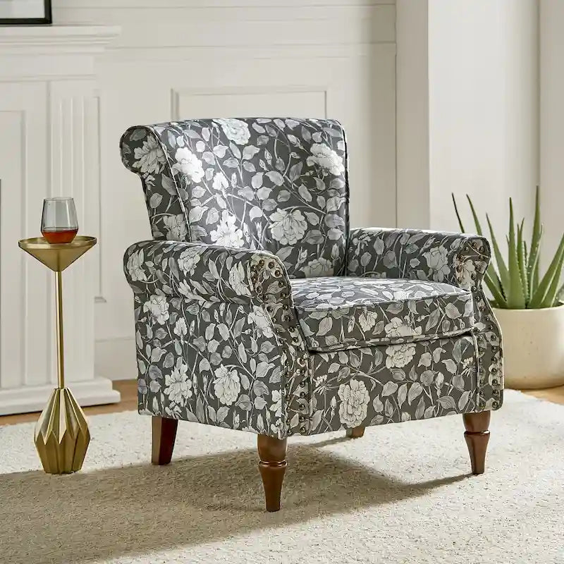 Silla decorativa de poliéster de estilo tradicional, con brazos curvos y ribete de tachuelas