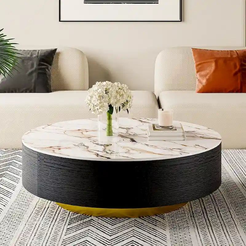 Table basse tambour moderne avec placage de chêne, plateau en pierre frittée et 2 tiroirs en bois massif, entièrement assemblée, blanche