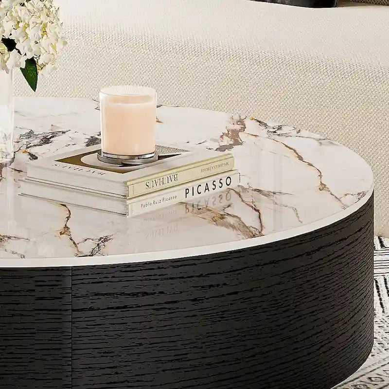 Table basse tambour moderne avec placage de chêne, plateau en pierre frittée et 2 tiroirs en bois massif, entièrement assemblée, blanche