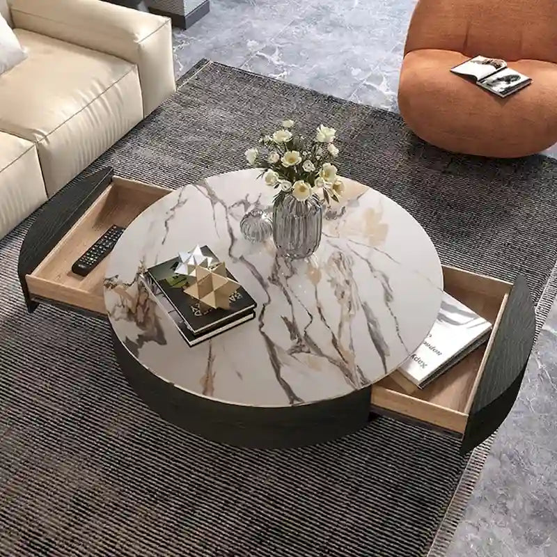 Moderner Trommel-Couchtisch mit Eichenfurnier, Couchtisch aus gesintertem Stein mit 2 Massivholzschubladen, vollständig montiert, Weiß