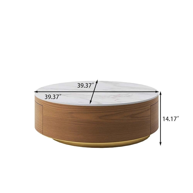 Moderner Trommel-Couchtisch mit Eichenfurnier, Couchtisch aus gesintertem Stein mit 2 Massivholzschubladen, vollständig montiert, Weiß