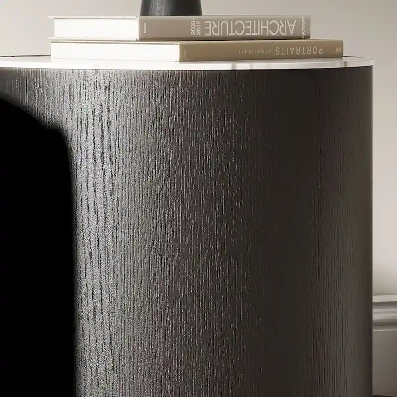 Moderner Trommel-Couchtisch mit Eichenfurnier, Couchtisch aus gesintertem Stein mit 2 Massivholzschubladen, vollständig montiert, Weiß