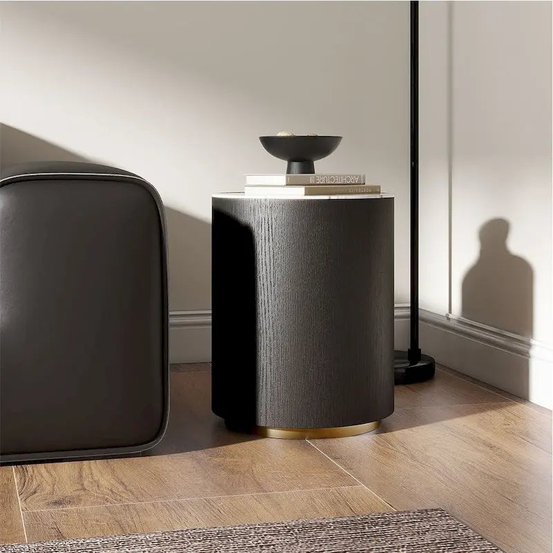 Moderner Trommel-Couchtisch mit Eichenfurnier, Couchtisch aus gesintertem Stein mit 2 Massivholzschubladen, vollständig montiert, Weiß