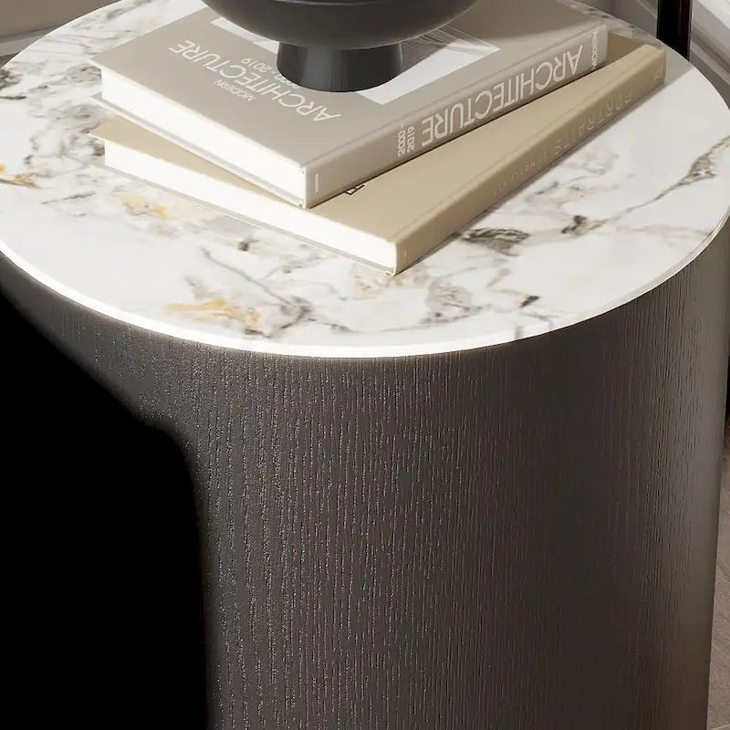 Moderner Trommel-Couchtisch mit Eichenfurnier, Couchtisch aus gesintertem Stein mit 2 Massivholzschubladen, vollständig montiert, Weiß