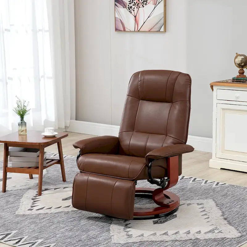 Sillón reclinable de cuero sintético con base giratoria y ajuste manual, con reposapiés cómodo y relajante