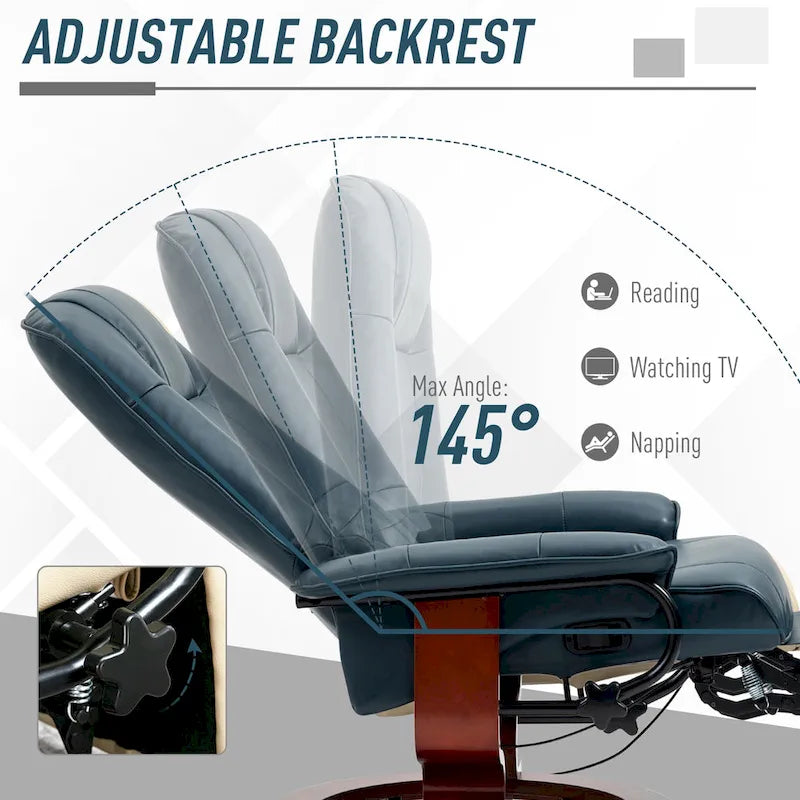 Sillón reclinable de cuero sintético con base giratoria y ajuste manual, con reposapiés cómodo y relajante