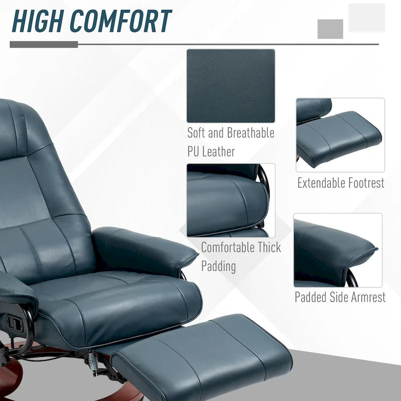 Sillón reclinable de cuero sintético con base giratoria y ajuste manual, con reposapiés cómodo y relajante