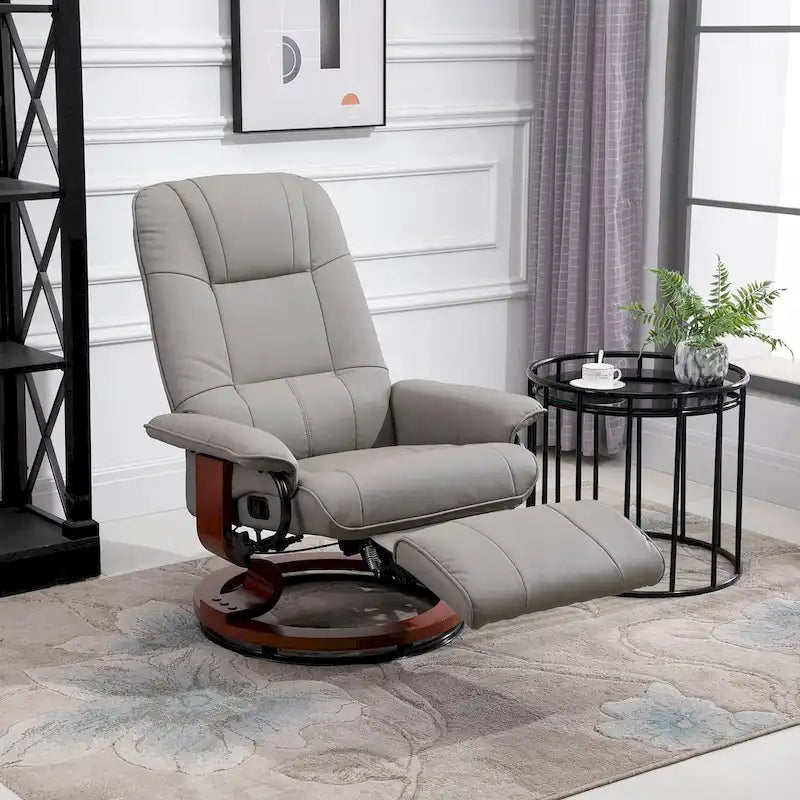 Sillón reclinable de cuero sintético con base giratoria y ajuste manual, con reposapiés cómodo y relajante