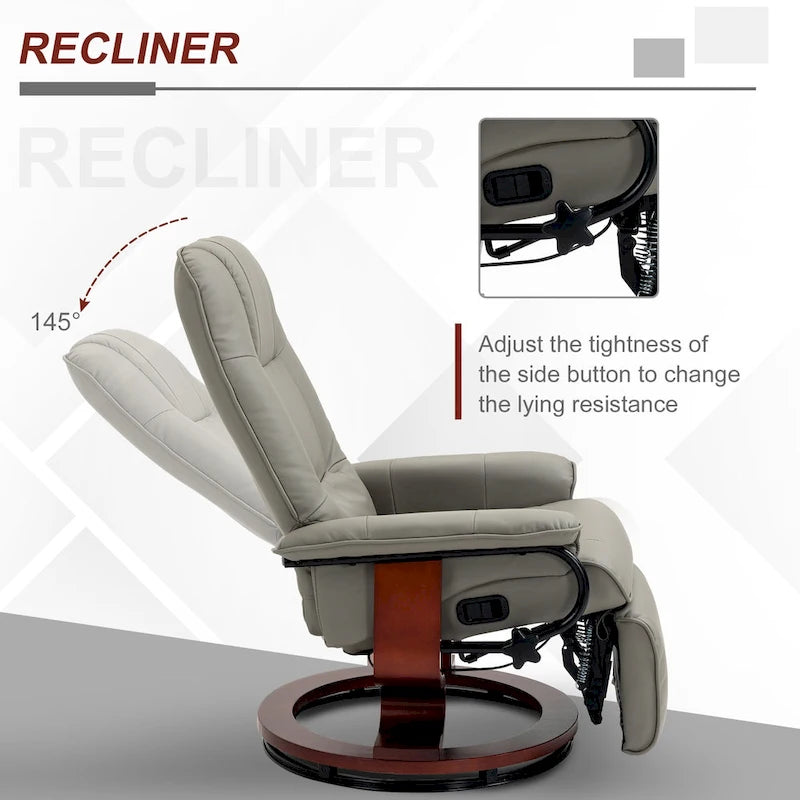 Sillón reclinable de cuero sintético con base giratoria y ajuste manual, con reposapiés cómodo y relajante