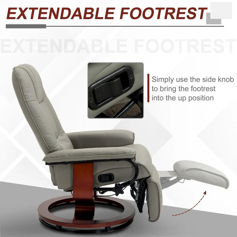 Sillón reclinable de cuero sintético con base giratoria y ajuste manual, con reposapiés cómodo y relajante